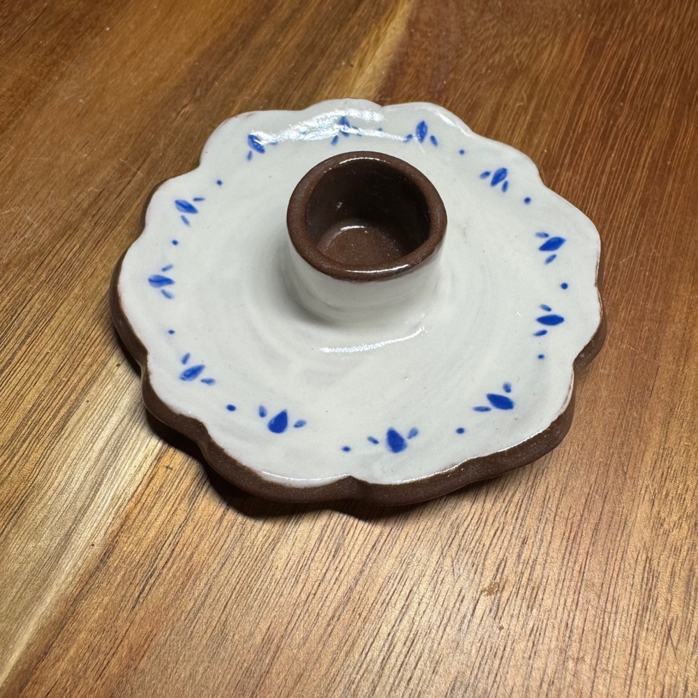Daliah Handmade Studio Pottery Scalloped Candle Holder Blue & White Cottagecore
